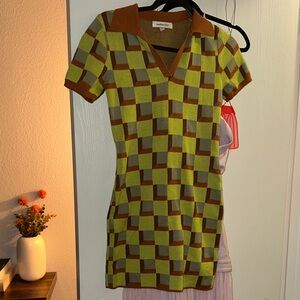 Andree Green and Brown Checkered Mini Dress